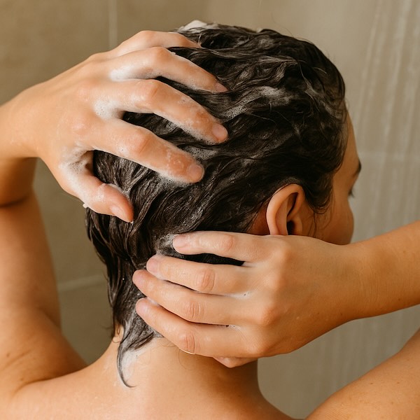 Close-Up Shampoo Lather for Healthy Scalp Close-up of hands gently massaging shampoo foam into wet hair in a shower