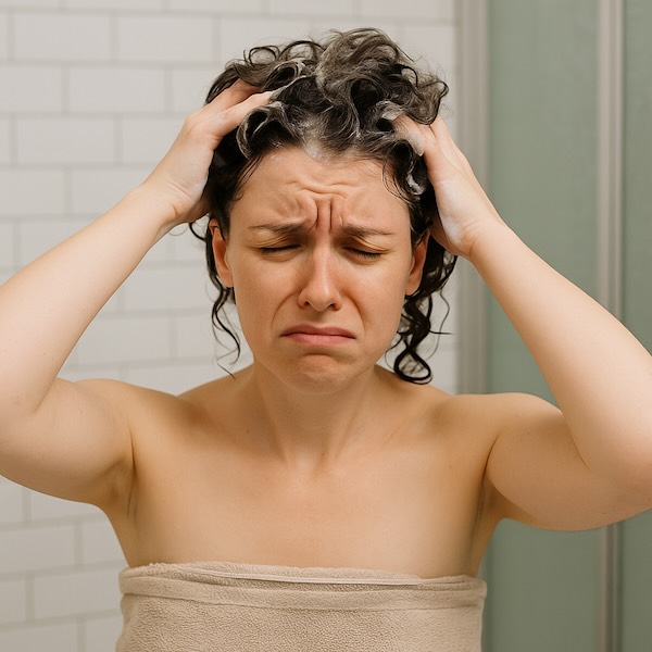 A frustrated person realizing mistakes made during shampooing to treat dandruff effectively