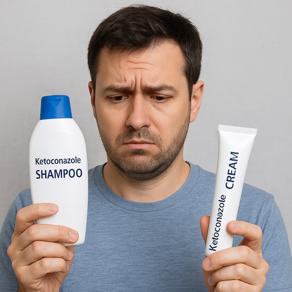 Person holding both ketoconazole shampoo and cream, deciding which is best for treating fungal infections