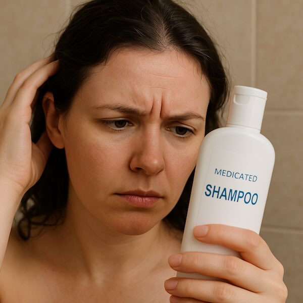 Person considering how often to use medicated shampoo for dandruff treatment, examining the shampoo bottle closely