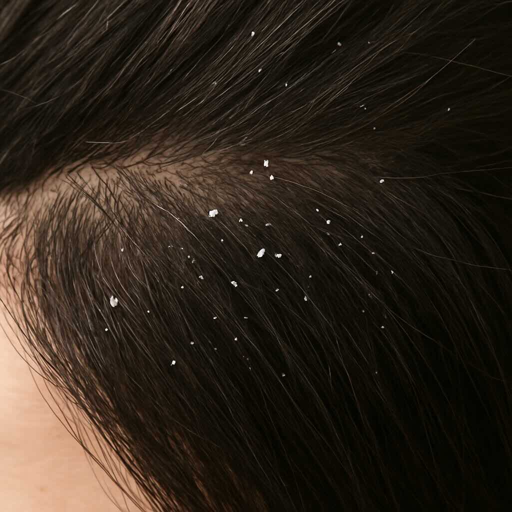 Square close-up of dark hair with scattered white dandruff flakes on the scalp