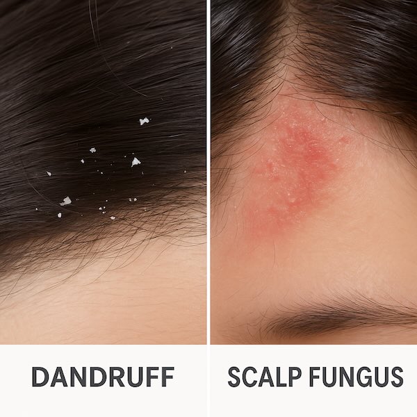 Comparison of Dandruff and Scalp Fungus Symptoms Split-view image comparing white dandruff flakes and inflamed scalp fungus irritation