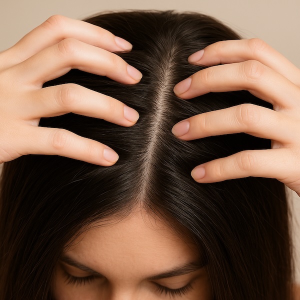 Square close-up of hands running through thick shiny hair to show scalp health