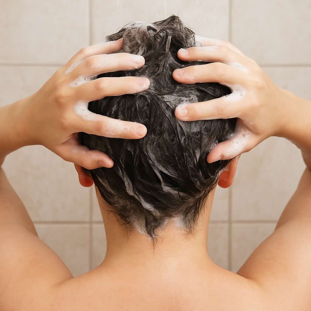 Washing Hair with Nizoral Shampoo for Optimal Results Person carefully washing hair with medicated shampoo to effectively control dandruff