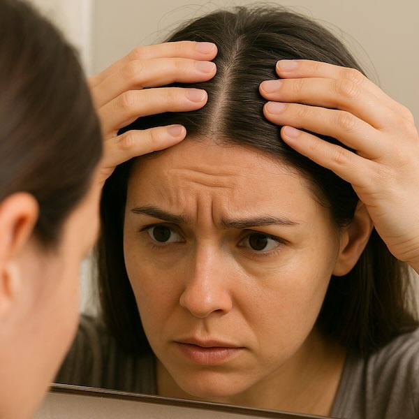 Person Checking Scalp in Mirror Person examining scalp in mirror for dandruf