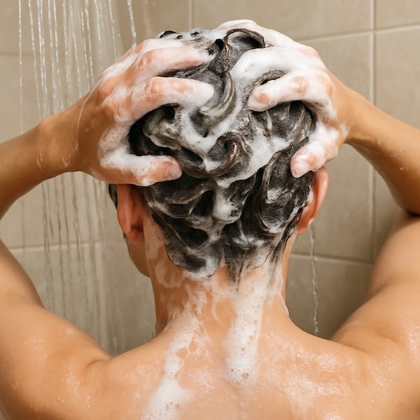Close-up of person washing hair in shower for dandruff relief