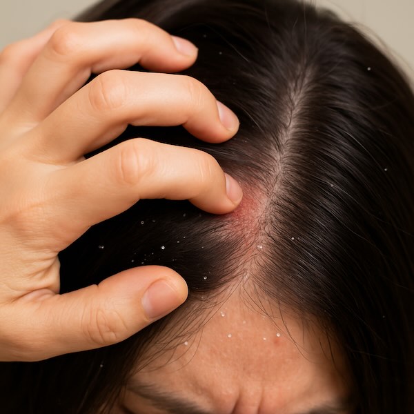 Person scratching scalp with visible dandruff flakes