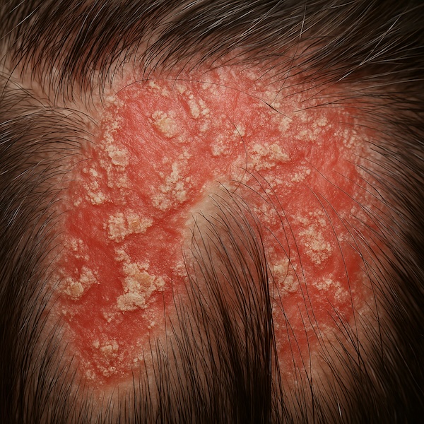 Scalp with Seborrheic Dermatitis Symptoms Close-up of scalp with red scaly patches from seborrheic dermatitis