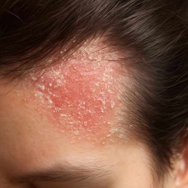 Scalp Affected by Seborrheic Dermatitis Close-up showing a scalp affected by seborrheic dermatitis with redness, flaking, and visible irritation.