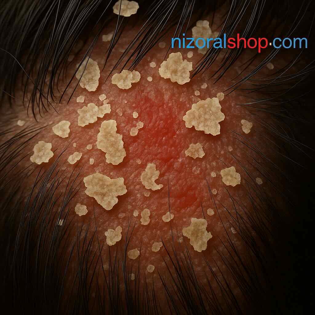 Severe Dandruff and Itchy Scalp Condition Close-up view of severe dandruff flakes and irritated scalp condition