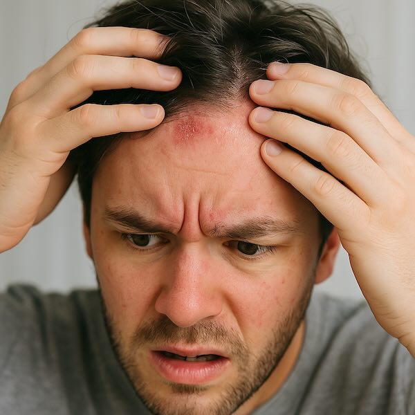 Close-up image highlighting itchy, red scalp patches and flakes indicating the need for antifungal shampoo treatment