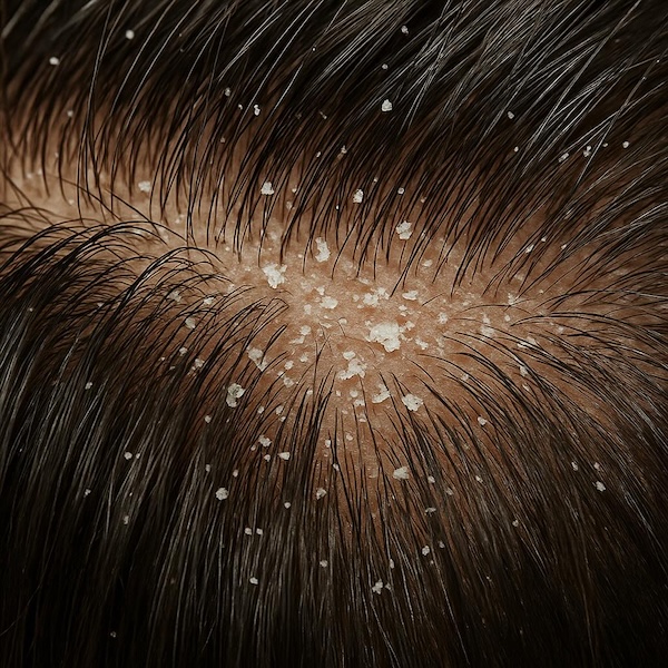 Close-up of scalp showing dandruff flakes